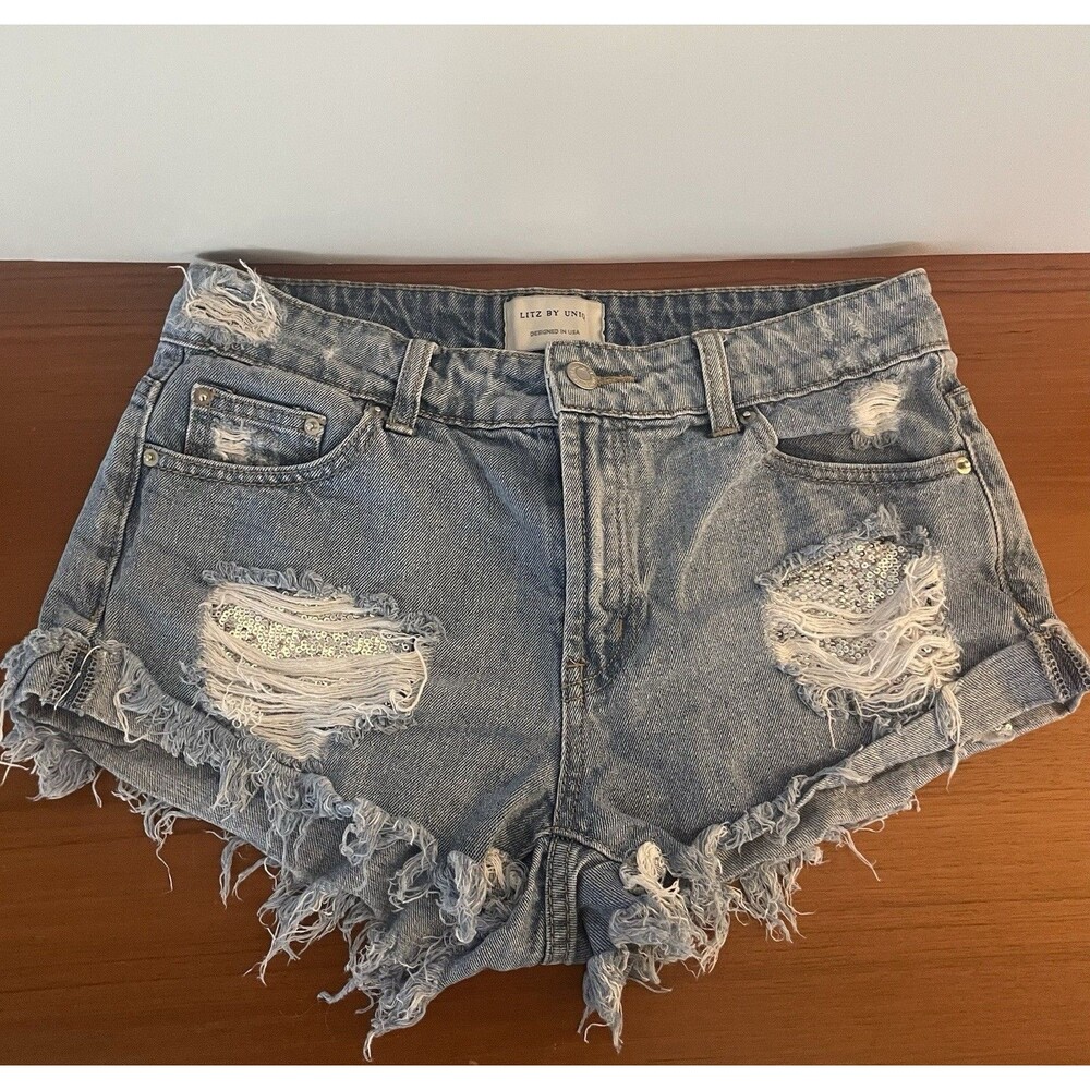 Litz By Uniq Women’s Jean Shorts Cut Off Distressed with Silver Sequence Size S